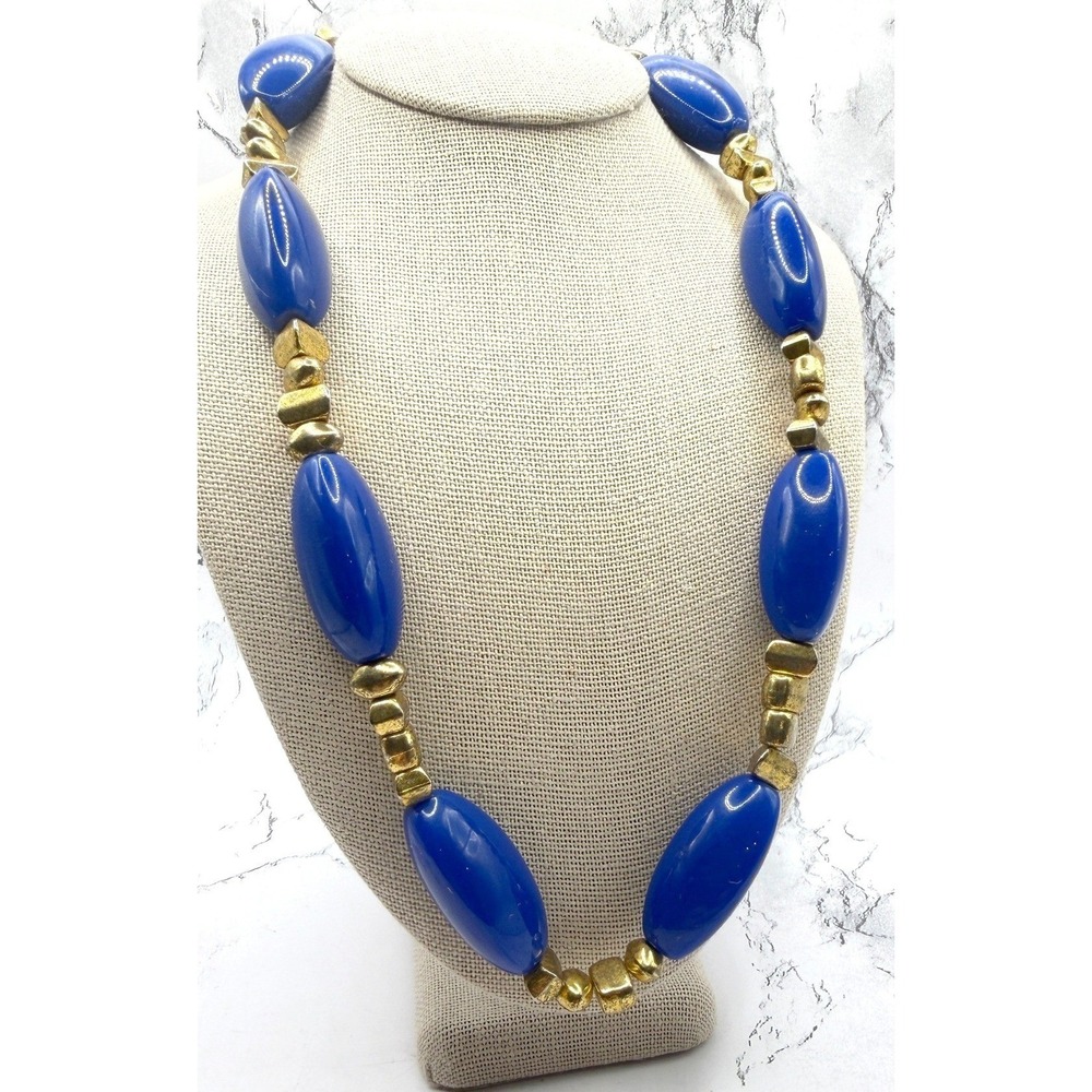 Cobalt Blue Gold Beaded Necklace 18" Chunky Oval Statement